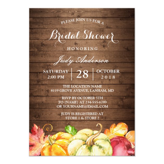 Rustic Wood Leaves Pumpkin Fall Bridal Shower Invitation