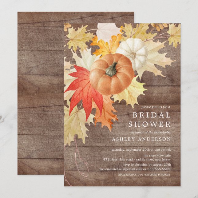 Rustic Wood Leaves & Pumpkins Autumn Bridal Shower Invitation (Front/Back)