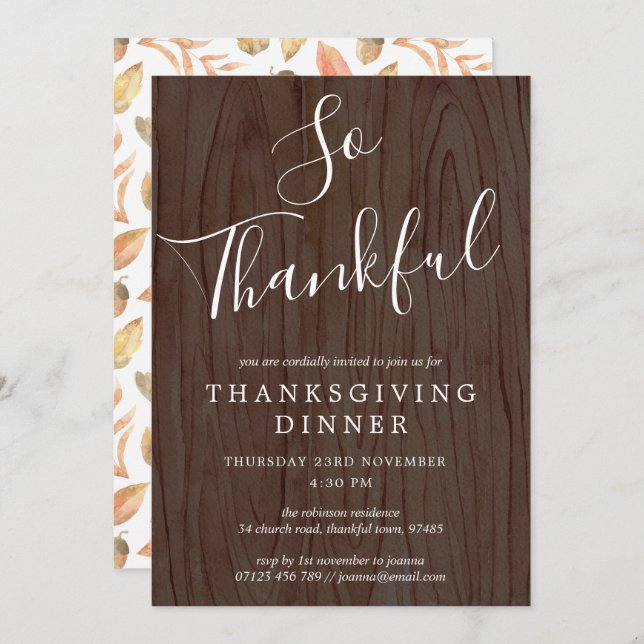 Rustic Wood & Leaves Script Thanksgiving Dinner Invitation (Front/Back)