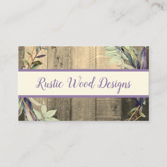 Rustic Wood Leaves Wreath Monogram Pale Lavendar Business Card (Front)