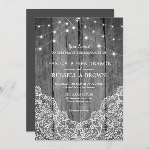 Rustic Wood Light Lace BW Wedding Invitation