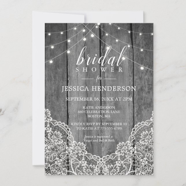 Rustic Wood Light Lace Bridal Shower Invitation (Front)