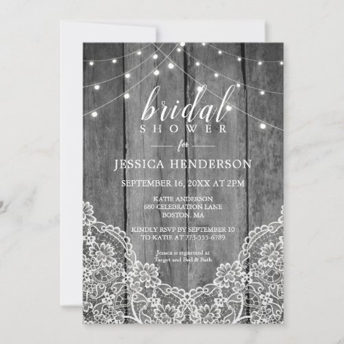 Rustic Wood Light Lace Bridal Shower Invitation