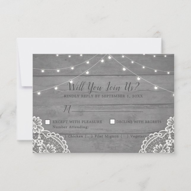 Rustic Wood Light Lace Wedding RSVP Card (Front)