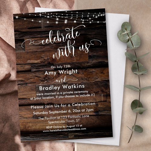 Rustic Wood Light Strings Celebrate with Us Invitation