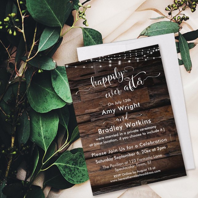 Rustic Wood Light Strings Happily Ever After Invitation