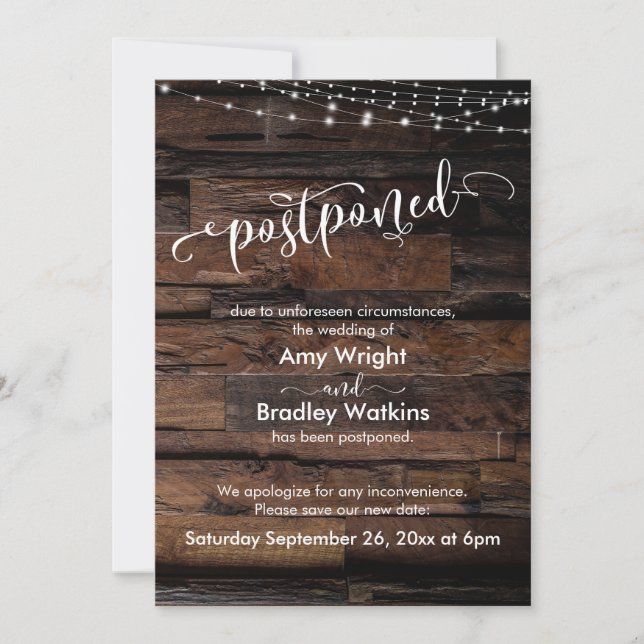 Rustic Wood Light Strings Postponed Wedding Card (Front)