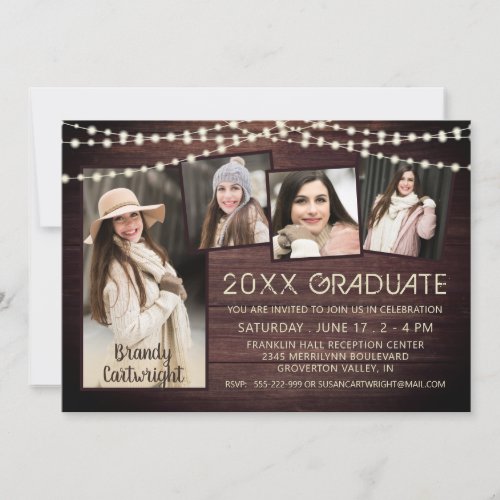 Rustic Wood Lights 5 Photo Collage Graduation Invitation