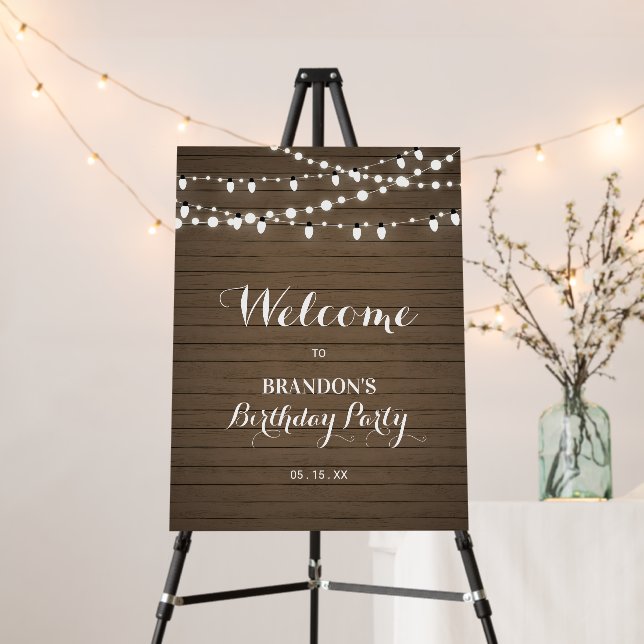Rustic Wood & Lights Birthday Party Welcome Sign (In Situ (Stand))