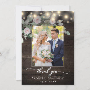 Rustic Wood Lights Boho Greenery Photo Wedding Thank You Card