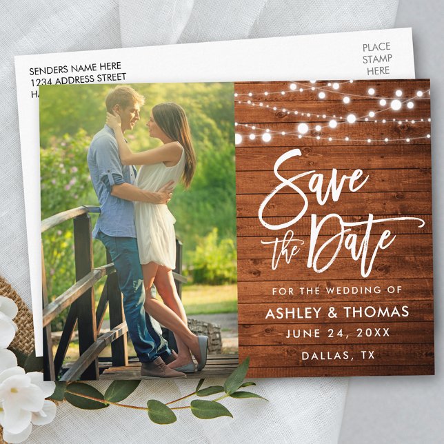 Rustic Wood Lights Brush Script Save The Date Postcard (Customize to change your personalized text size or text style.)