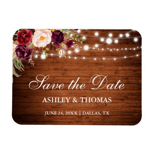 Rustic Wood Lights Burgundy Floral Save the Date Magnet