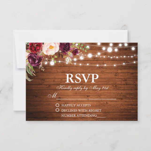 Rustic Wood Lights Burgundy Floral Wedding Rsvp Zazzle