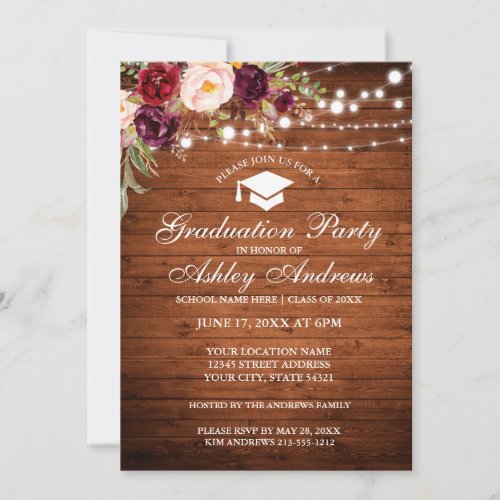 Rustic Wood Lights Burgundy Grad Party Invite