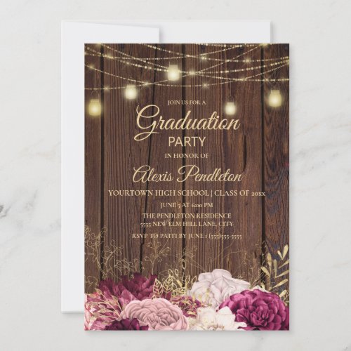 Rustic Wood Lights Burgundy Pink Floral Graduation Invitation