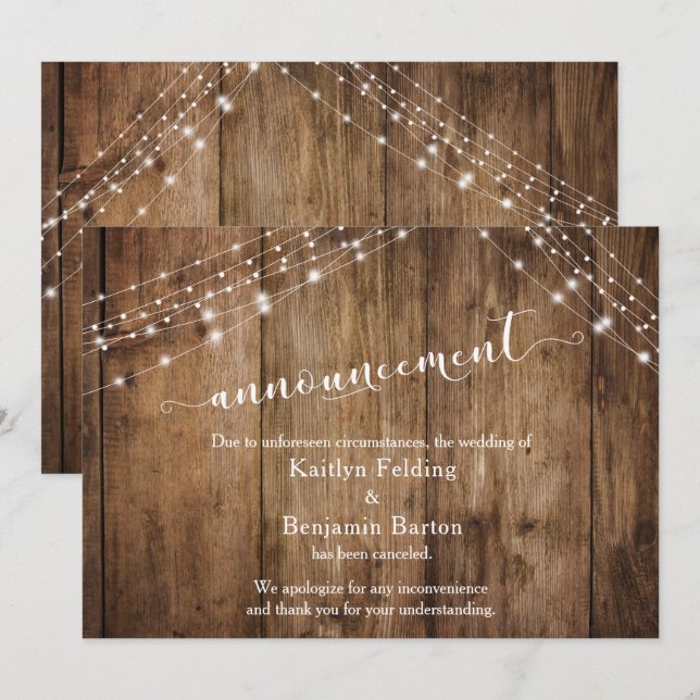 Rustic Wood & Lights Canceled Wedding Announcement (Front/Back)