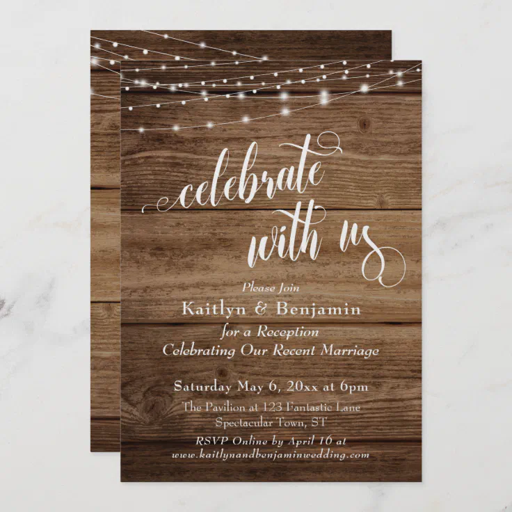 Rustic Wood & Lights Celebrate with Us Reception Invitation | Zazzle