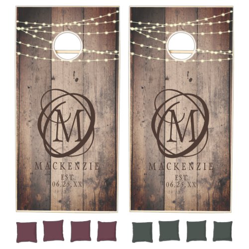 Rustic Wood Lights Decorative Monogram Family Name Cornhole Set