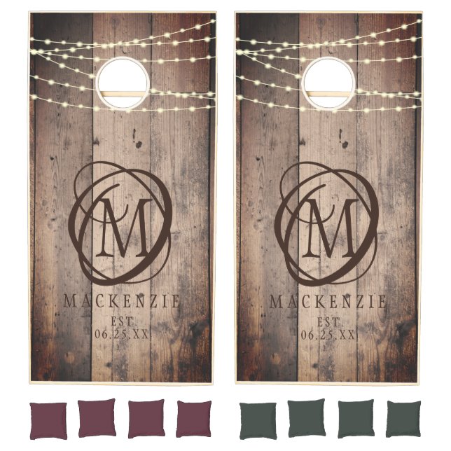 Rustic Wood Lights Decorative Monogram Family Name Cornhole Set (Set)