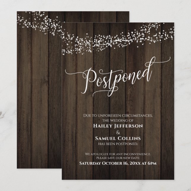 Rustic Wood, Lights Elegant Postponed Wedding Card (Front/Back)