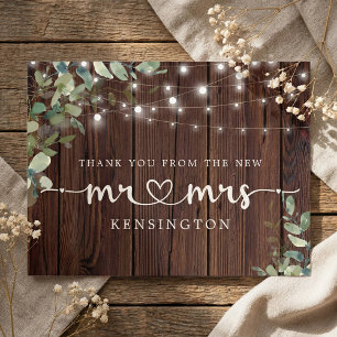 Rustic Wood Lights Eucalyptus New Mr Mrs Thank You Postcard