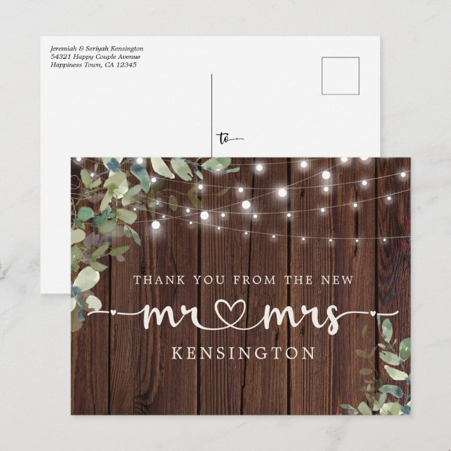 Rustic Wood Lights Eucalyptus New Mr Mrs Thank You Postcard (Front/Back)