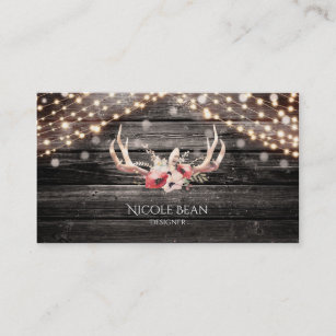 Rustic Wood & Lights Floral Antlers Boho Chic Glam Business Card