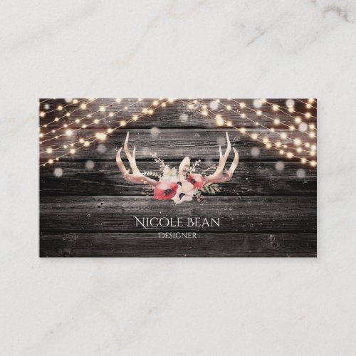 Rustic Wood  Lights Floral Antlers Boho Chic Glam Business Card