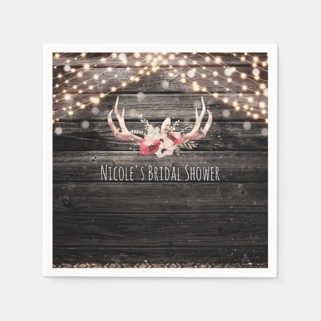 Rustic Wood & Lights Floral Antlers Boho Chic Glam Napkins (Front)