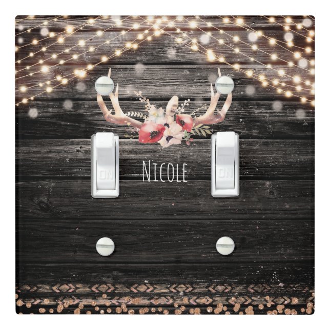 Rustic Wood & Lights Floral Antlers Boho Chic Light Switch Cover (In Situ)