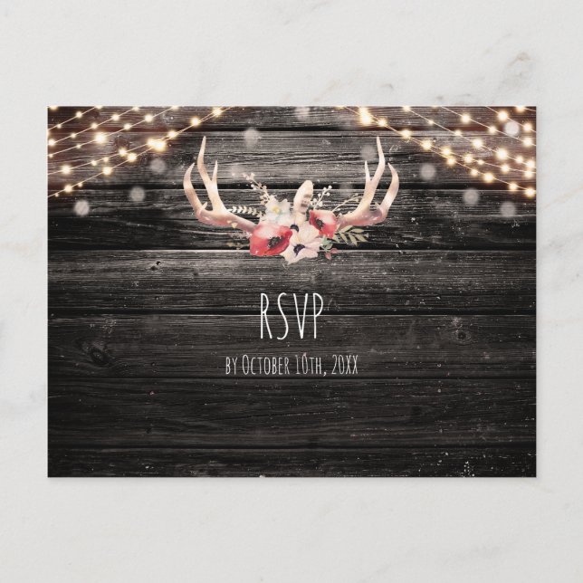 Rustic Wood & Lights Floral Antlers Boho RSVP Invitation Postcard (Front)