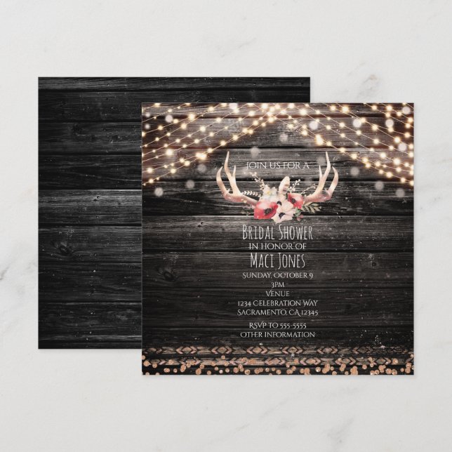 Rustic Wood & Lights Floral Antlers Invitation (Front/Back)