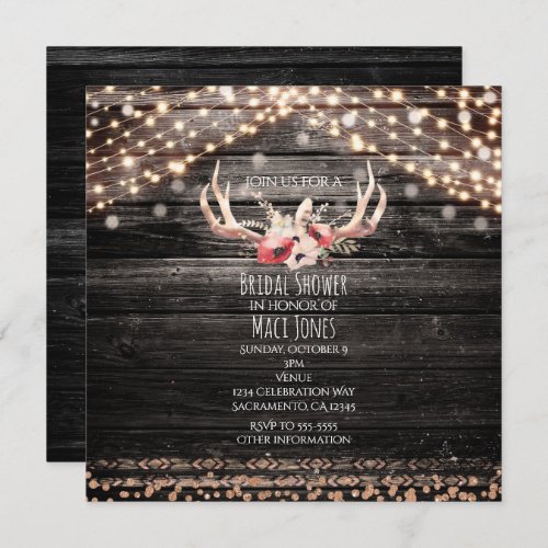 Rustic Wood  Lights Floral Antlers Invitation