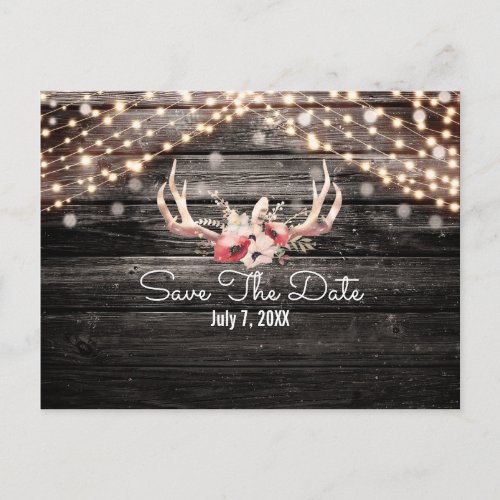 Rustic Wood  Lights Floral Antlers Save the Date Announcement Postcard