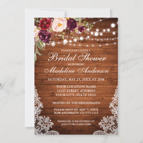 Rustic Wood Lights Floral Lace Bridal Shower Invitation