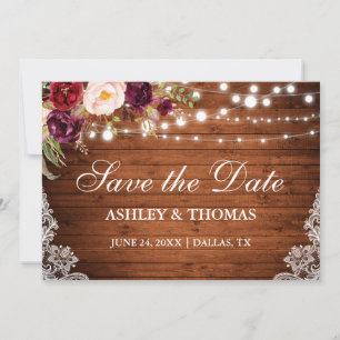 Rustic Wood Lights Floral Lace Save the Date