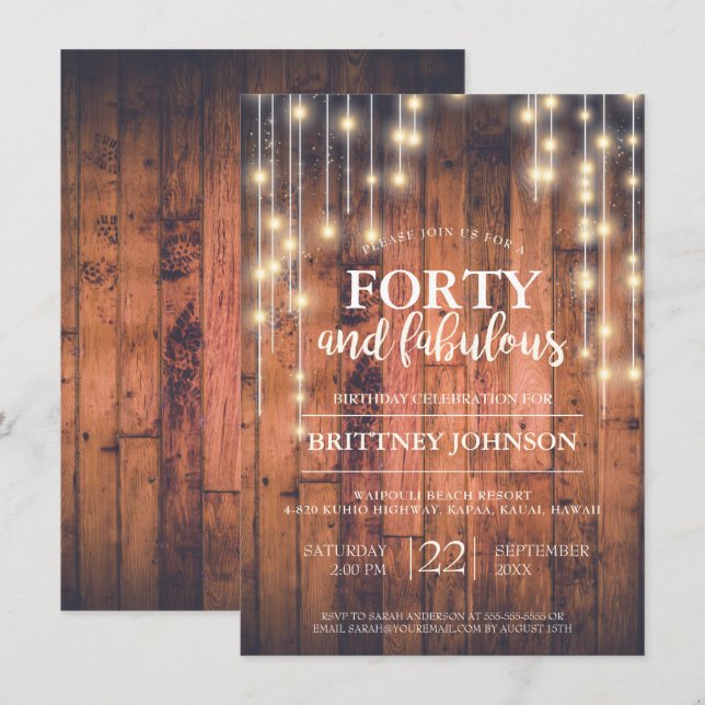 Rustic Wood Lights | Forty & Fabulous Birthday Invitation (Front/Back)