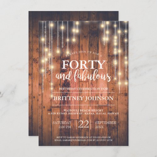 Rustic Wood Lights  Forty  Fabulous Birthday Invitation