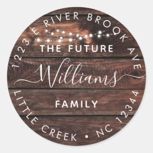 Rustic Wood + Lights Future Mr and Mrs Address Classic Round Sticker