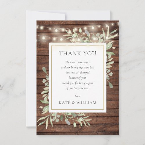 Rustic Wood Lights Greenery Baby Shower Poem Thank You Card