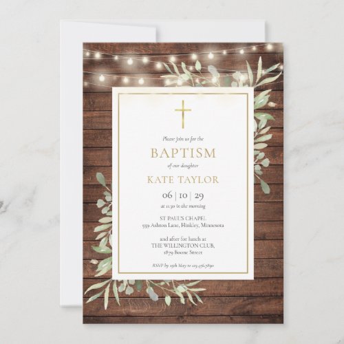 Rustic Wood Lights Greenery Baptism Christening Invitation