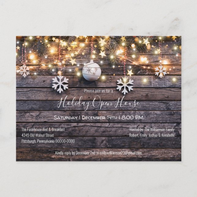Rustic  Wood Lights Holiday Open House  Invitation (Front)