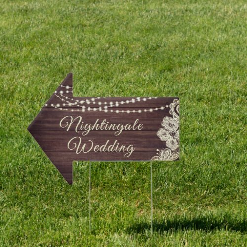 Rustic Wood Lights Ivory Lace Wedding Directional Sign
