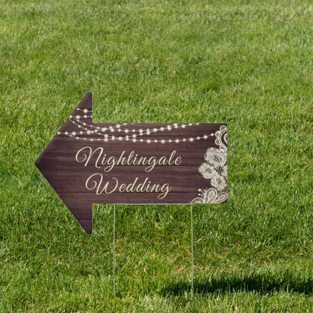 Rustic Wood Lights Ivory Lace Wedding Directional Sign (Insitu)