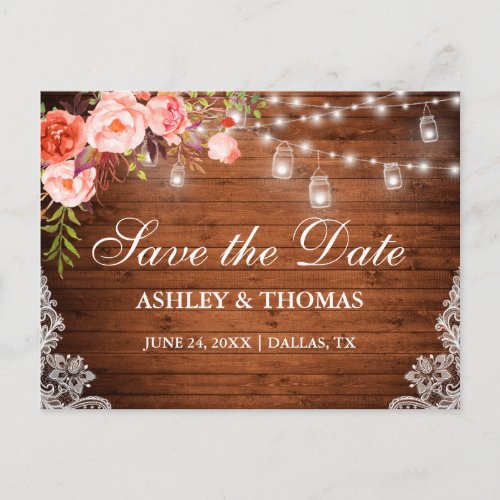 Rustic Wood Lights Jars Coral Floral Save the Date Announcement Postcard