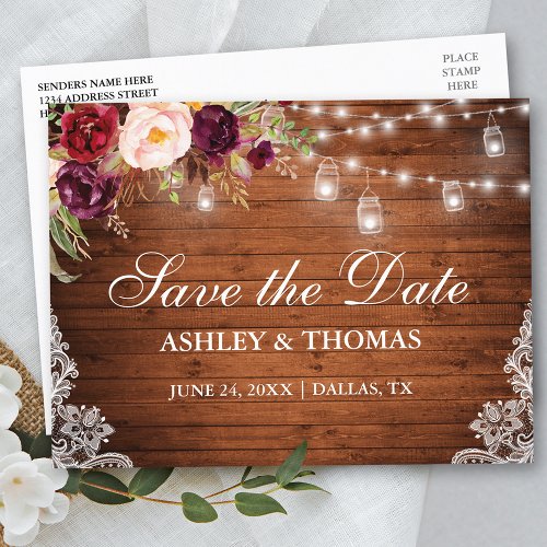 Rustic Wood Lights Jars Lace Floral Save the Date Announcement Postcard