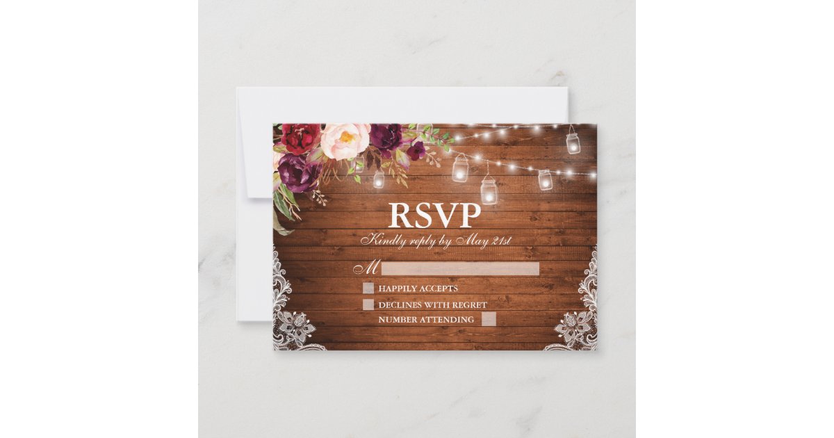 Rustic Wood Lights Jars Lace Floral Wedding RSVP Card | Zazzle
