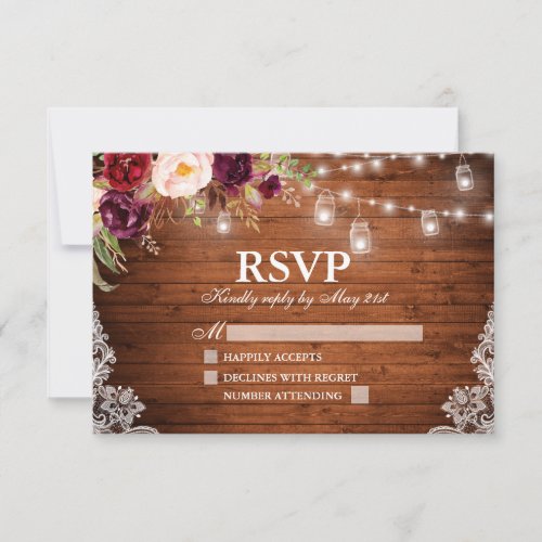 Rustic Wood Lights Jars Lace Floral Wedding RSVP Card