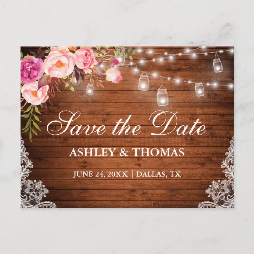 Rustic Wood Lights Jars Pink Floral Save the Date Announcement Postcard