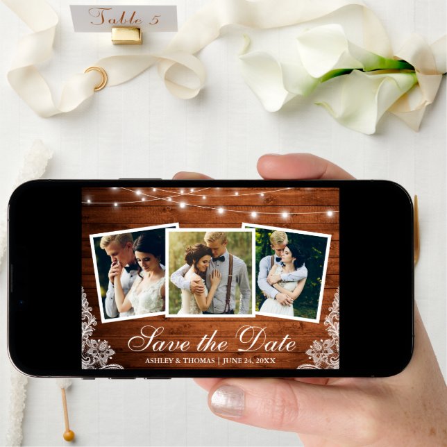 Rustic Wood Lights Lace 3 Photo Save The Date Card (Front Digital)